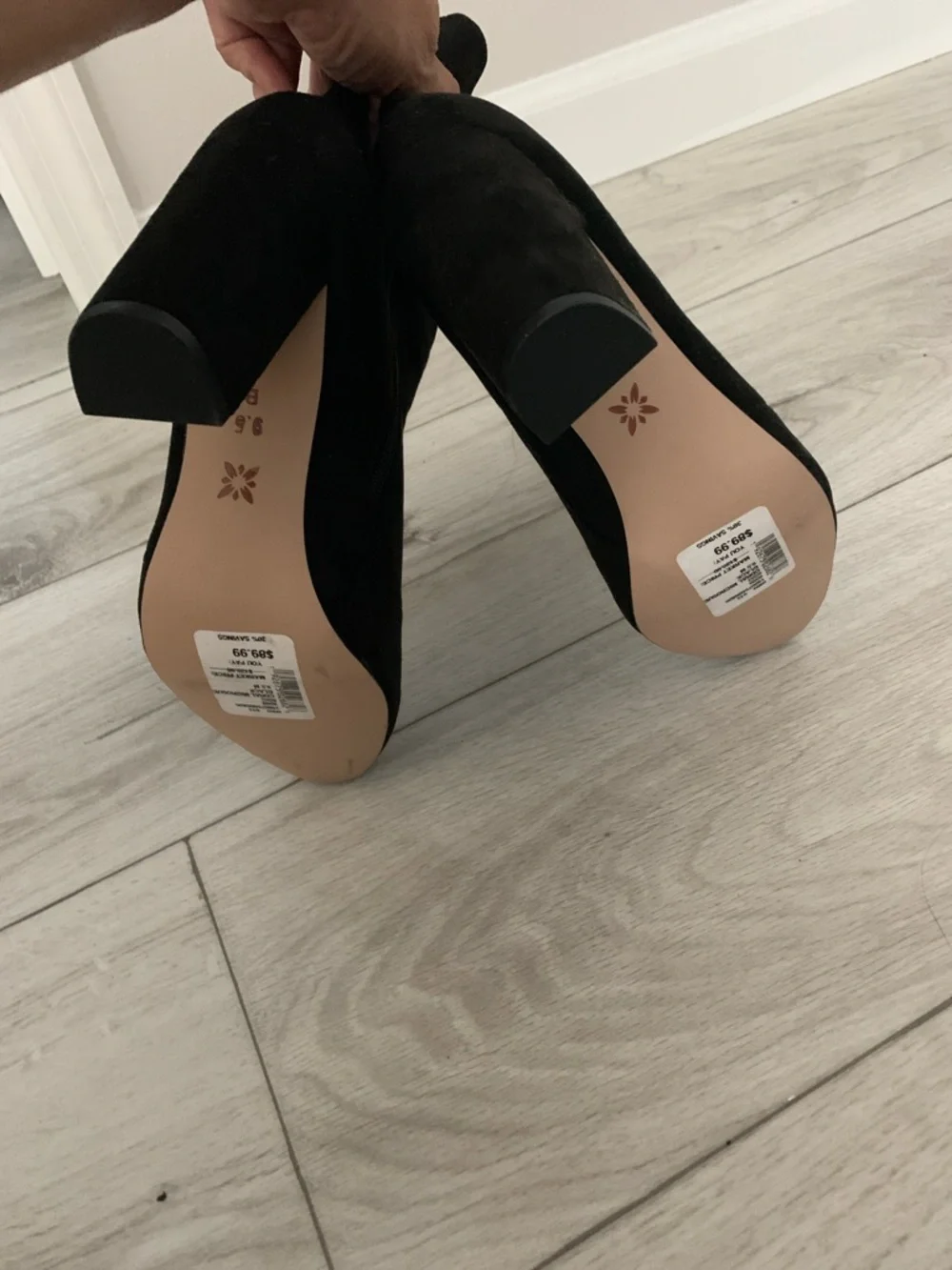 BCBG Black Suede Ankle Booties with Block Heel